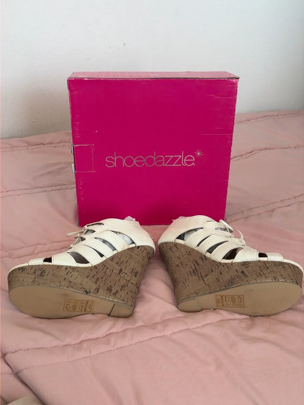Shoe Dazzle White Lace-Up Cork Platform Wedges